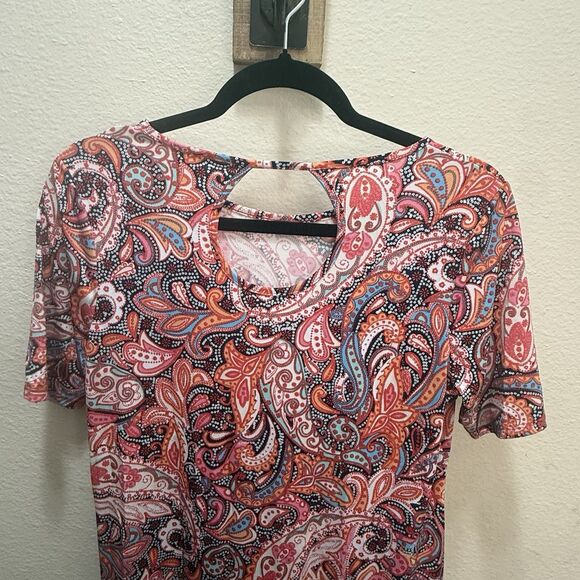 Chico's Size 0 Paisley Tunic Top Blouse Short Sleeve Stretch Orange Pink - Picture 7 of 8
